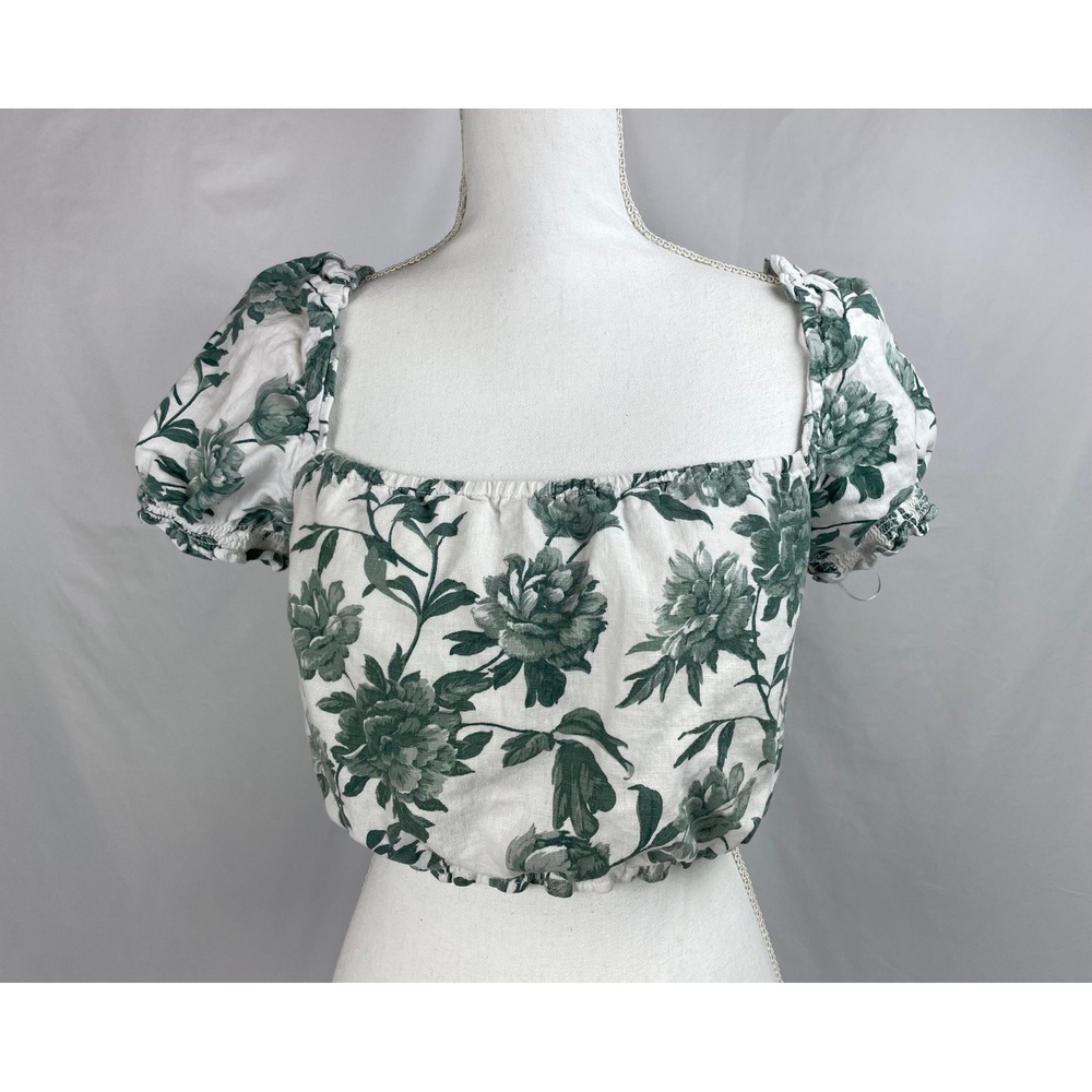 Abercrombie & Fitch Women Medium White Green Floral Crop Top Linen Puff Sleeve